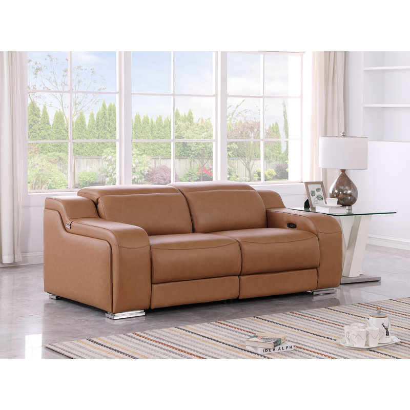 Top Grain Italian Leather Loveseat With Power Headrest, Brown