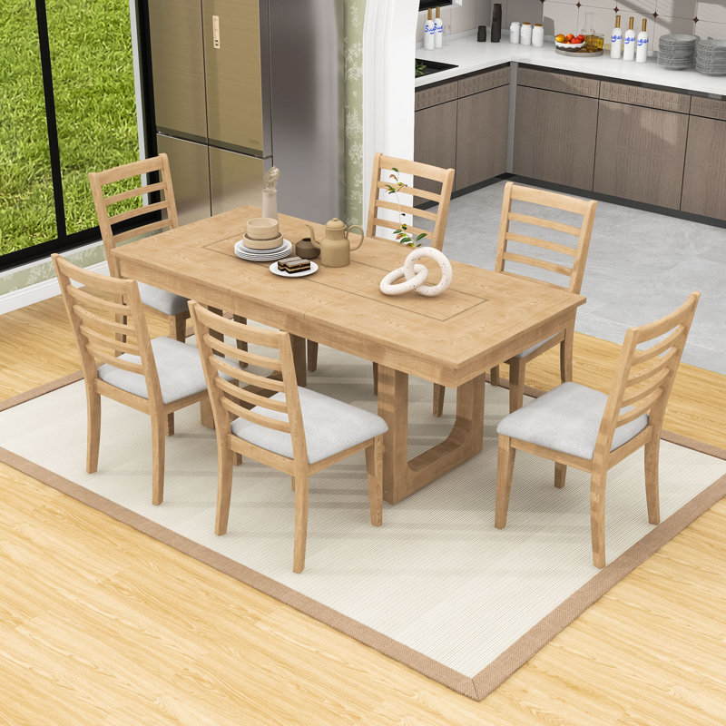7Pcs Extendable Dining Table Set with Rustic Wood Table and 6 Upholstered Chairs, Natural