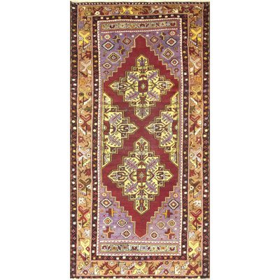 Tapis unique en laine noué à la main de style années 1960 de 3 pi 7 po x 7 pi en rouge / jaune / mauve / noir