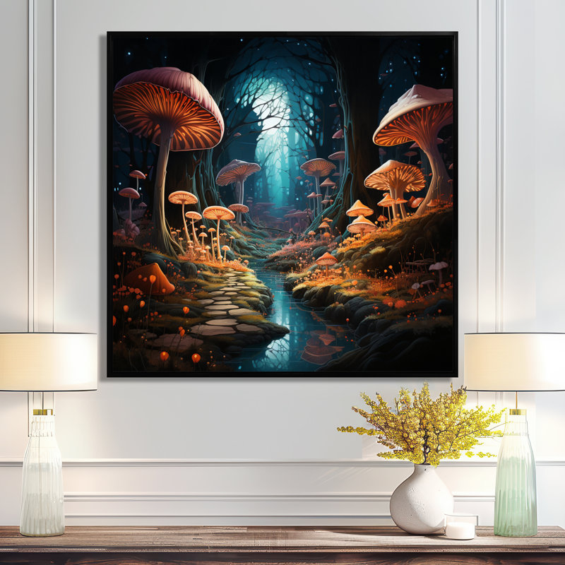 Champignon magique dans une forêt enchantée - paysage abstrait, art mural, salon, Cadre flottant noir, H 16 po x l 16 po