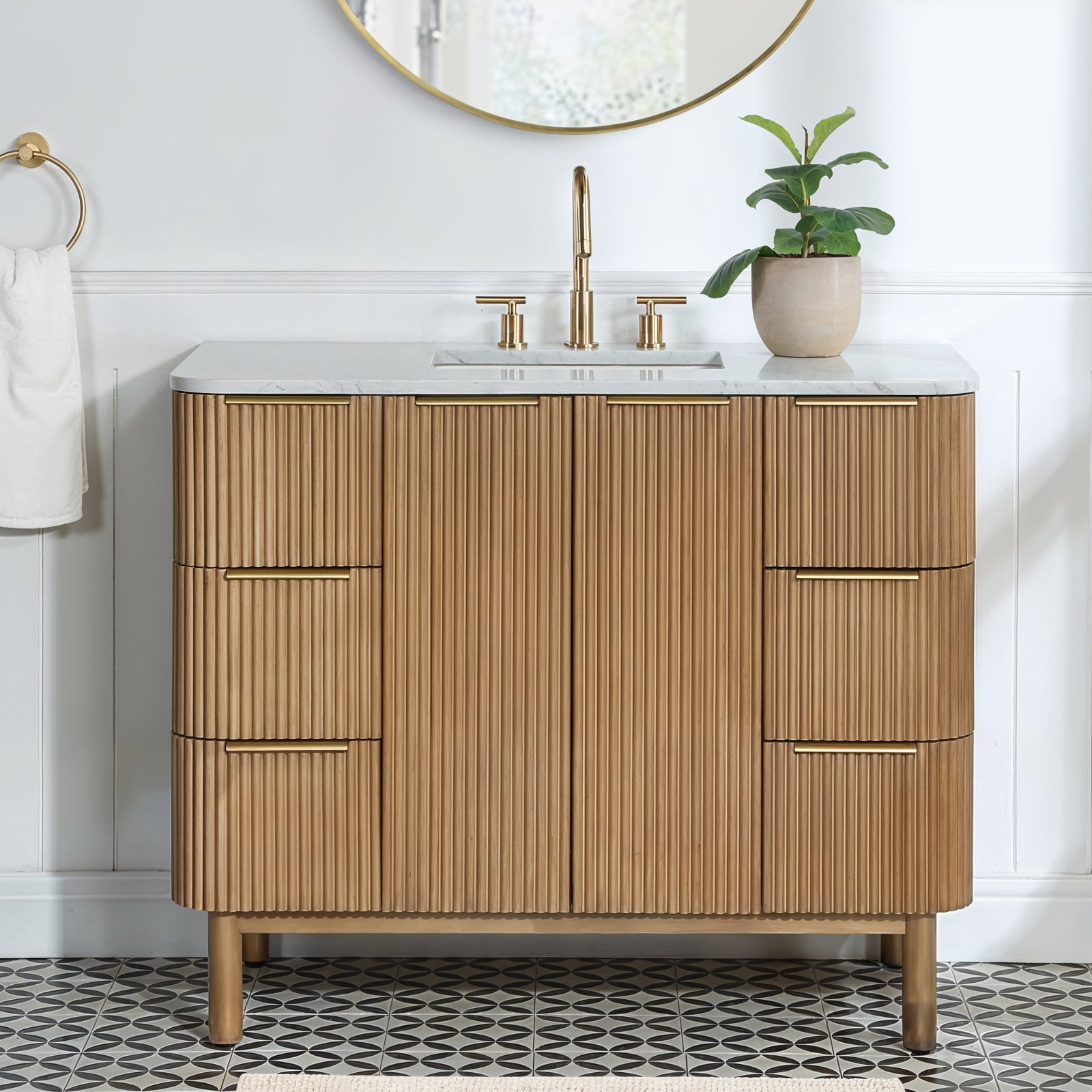 Nova 42" Marble Top Single Sink Vanity, Natural Reeded Birch