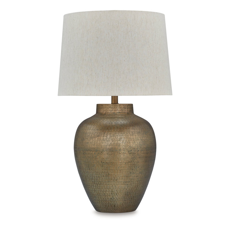 Antique Gold Hammered Aluminum Table Lamp with Beige Shade