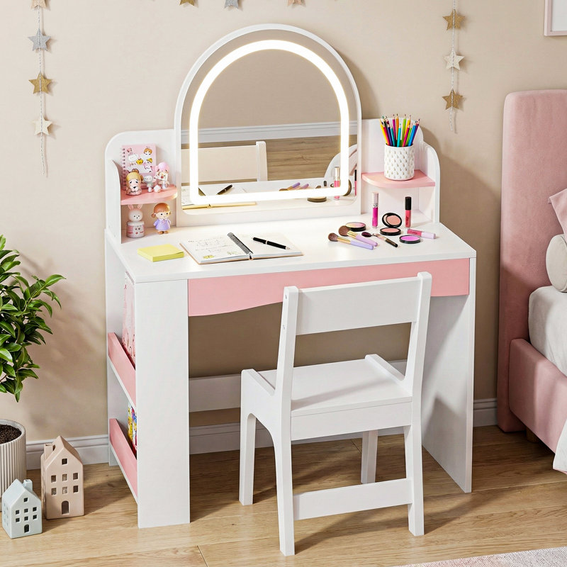 Kids Vanity Desk With LED Mirror & Chair & Power Supply