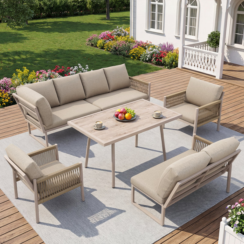 L-Shaped Outdoor Sofa Set For 7–8 Person, Garden Lounge Set For Patio, Beige Cushion/Beige Frame