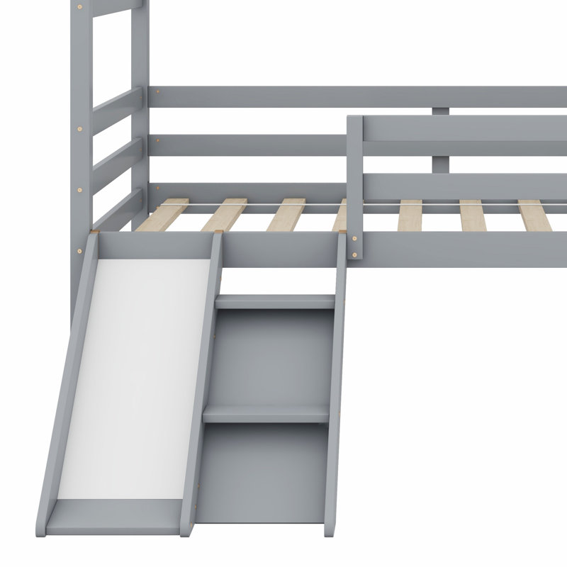 Lit mezzanine bas avec glissade, échelle, barrières de sécurité, cadre de toit de maison, Gris