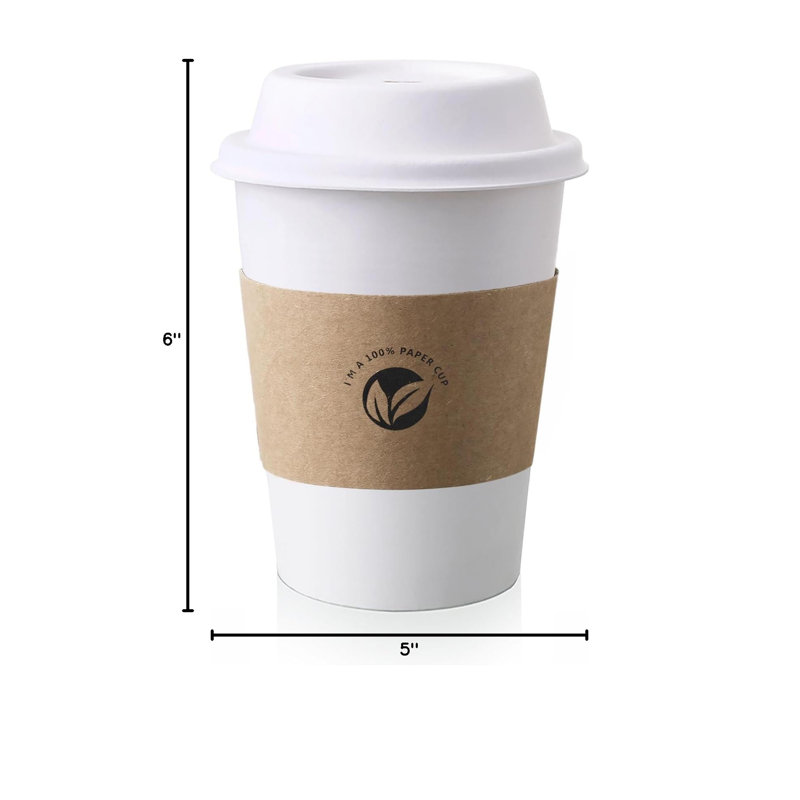 [50 Pack] 12 Oz Compostable Coffee Cups With Lids And Kraft Sleeves, Eco Friendly Disposable White Paper Cups Combo For Hot Beverage