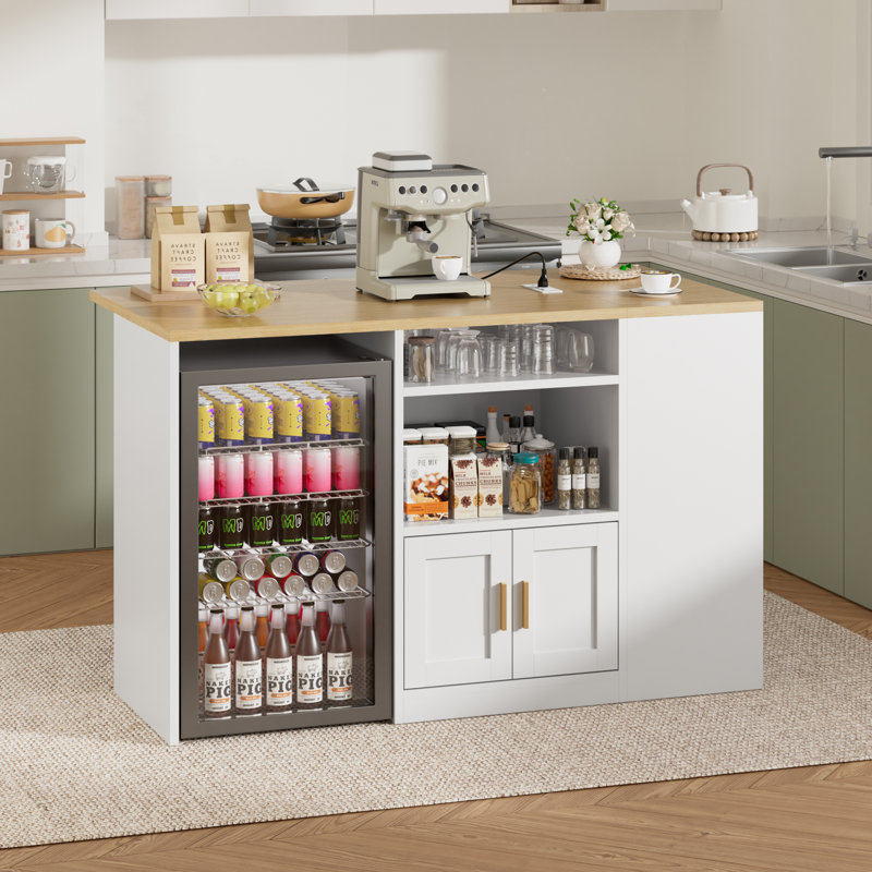 Modern Wooden Kitchen Island with Fridge Space & Drop Leaf, Built-in Power Outlets, and Trash Bin Cabinet for Small Kitchens & Coffee Bars