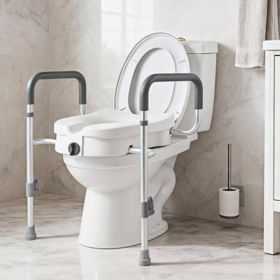 Raised Toilet Seat with Arms, 350 lbs Capacity, 5-Inch Lift Height & Adjustable Width, Widened Commode Elevated Toilet Seat Riser with Handles for Seniors, Elderly, Handicap, Disabled, Adults