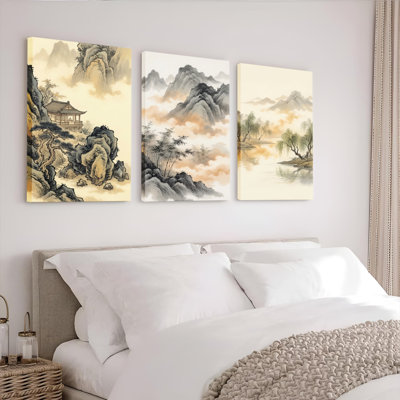 Ensemble de 3 tableaux sur toile représentant des paysages chinois, parfaits pour décorer un salon ou une chambre.