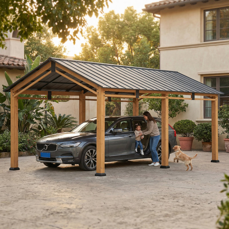 Sunjoy 20 ft. x 11 ft. Extra Tall FSC Cedar Wood Carport Gazebo, Weatherproof Galvanized Steel Roof with Powder Coating, Backyard Pavilion Shade