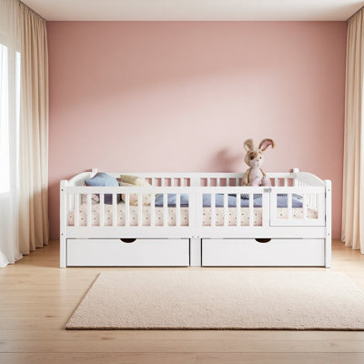 Platform Bed With Full-Length Guardrails, Kids Platform Bed With Storage Drawers, Childlike And Cute Headboard Design