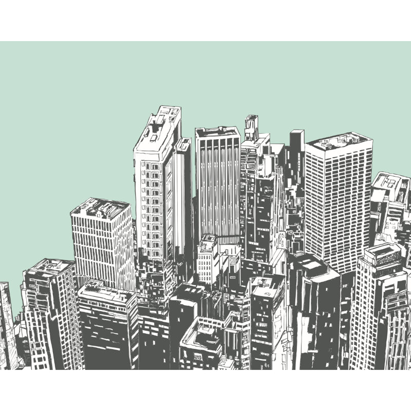 Urban City Skyscrapers - Wall Mural, Mint Green, 240cm L x 300cm W