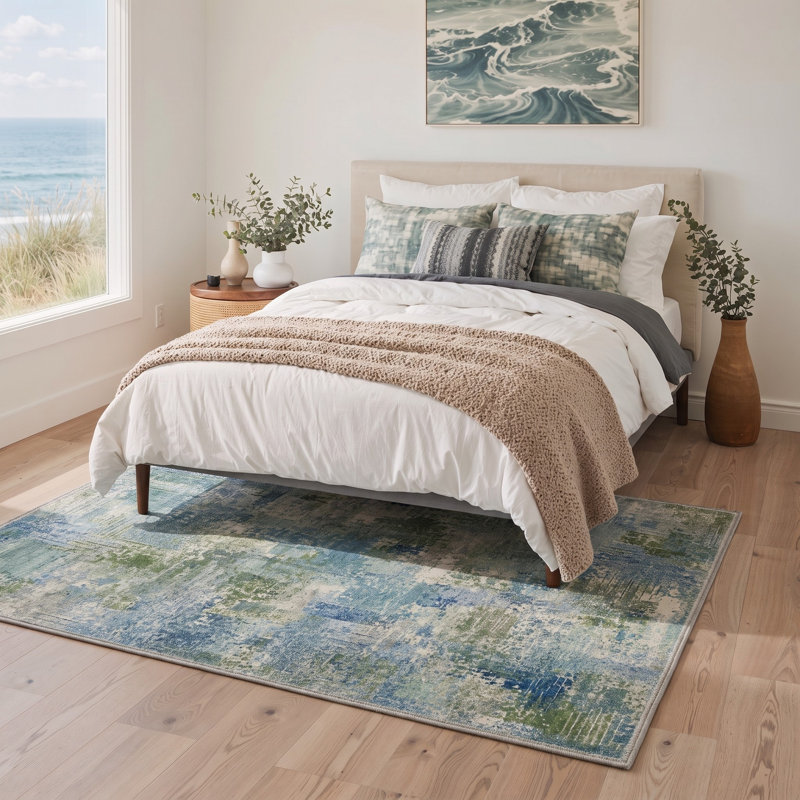 Tapis bleu / vert abstrait lavable à la machine avec envers antidérapant, Rond 5 pi
