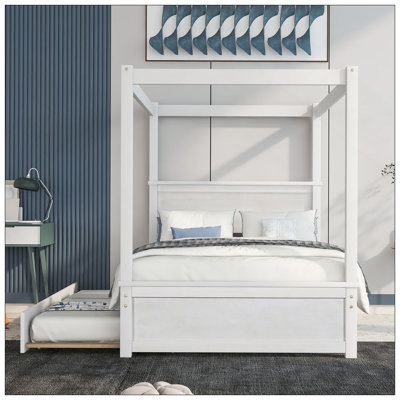 Wood Canopy Bed With Trundle, Full Size Platform Bed With Support Slats, No Box Spring Needed, Brushed White Finish