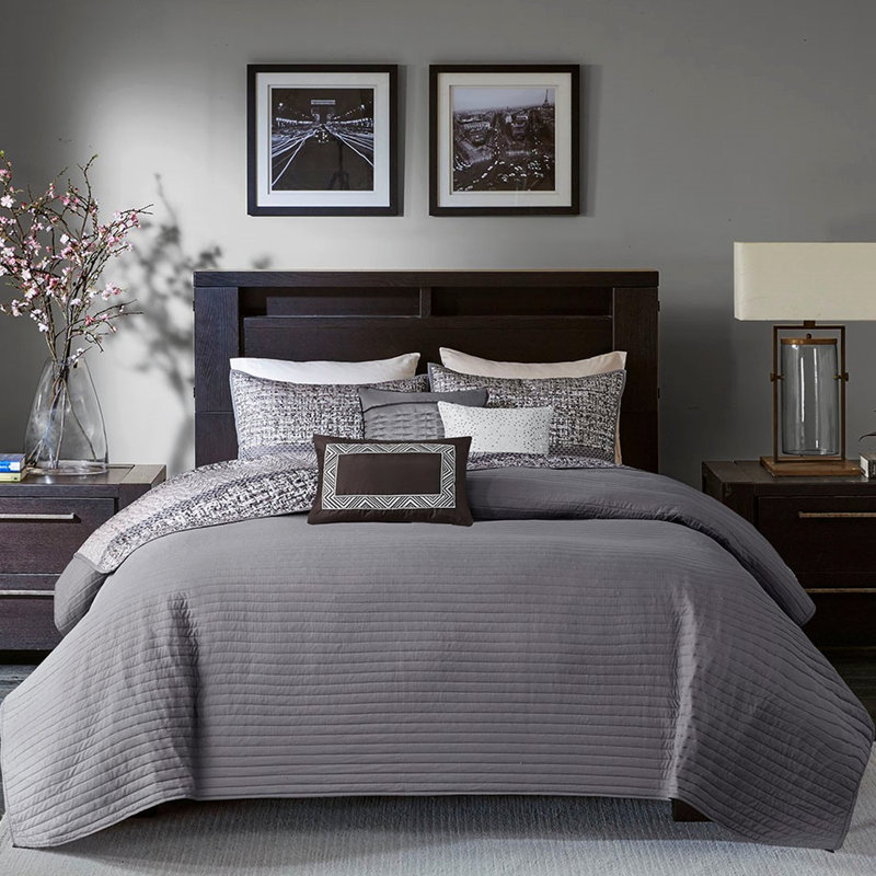 Courtepointe grise / taupe 6 pièces pour très grand / très grand, lavable à la machine, coussins décoratifs avec plis et broderie, facile à laver