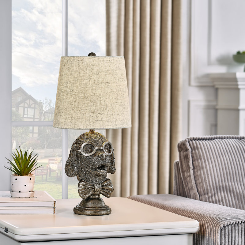 20" Bronze Resin Doodle Table Lamp With Glasses And Linen Shade, Tan, Brown