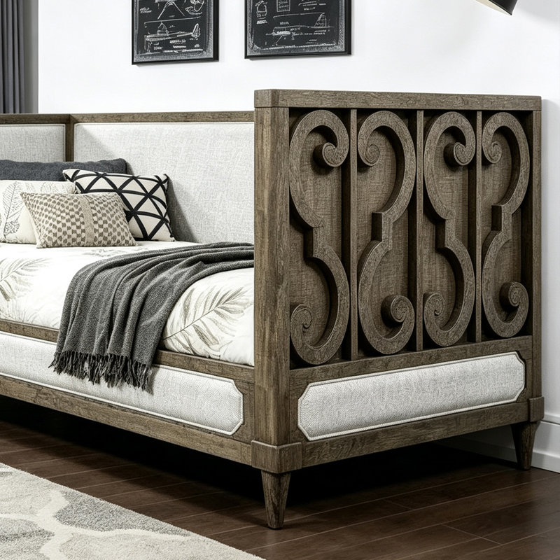 Canapé en tissu blanc cassé sculpté vieilli beige