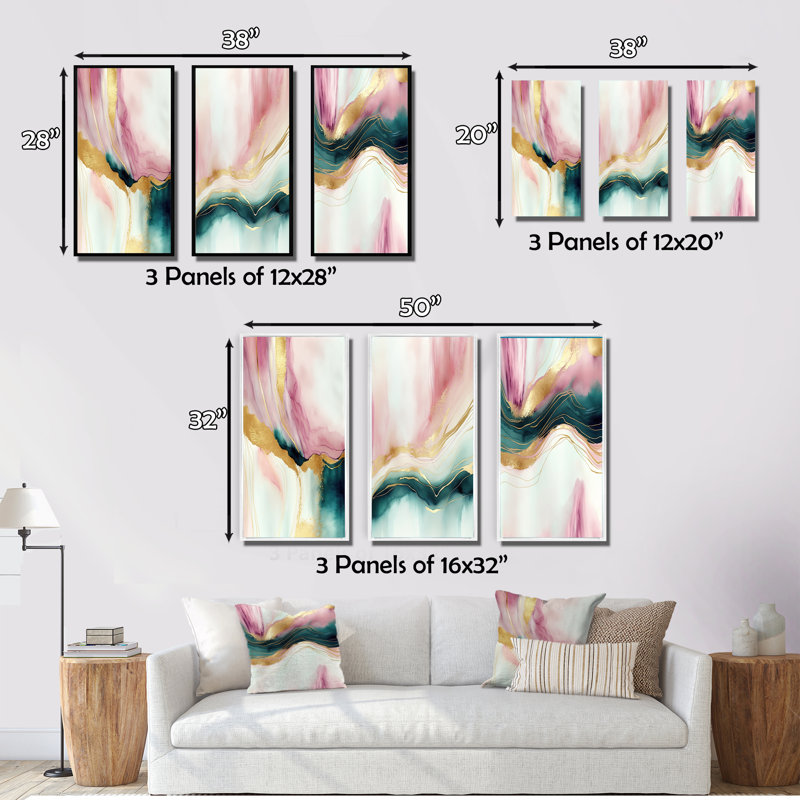 Ensemble d'art sur toile 3 pièces - Géode abstraite rose et marbre vert, Or, H 32 po x l 48 po