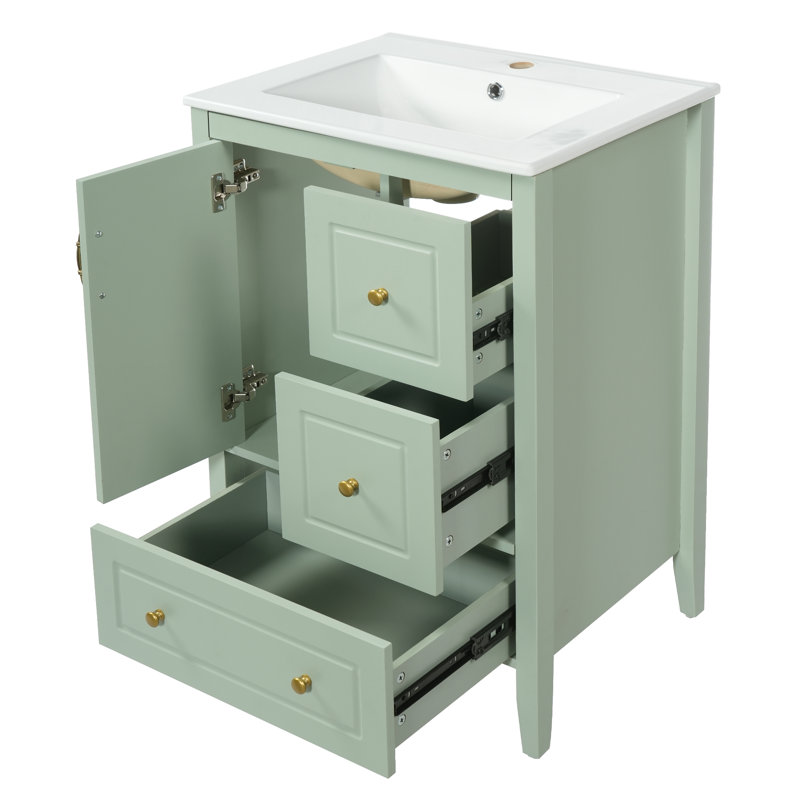 Gerhardt 24" Freestanding Bathroom Vanity With Ceramic Sink, Cabinet & Drawers, Light Green
