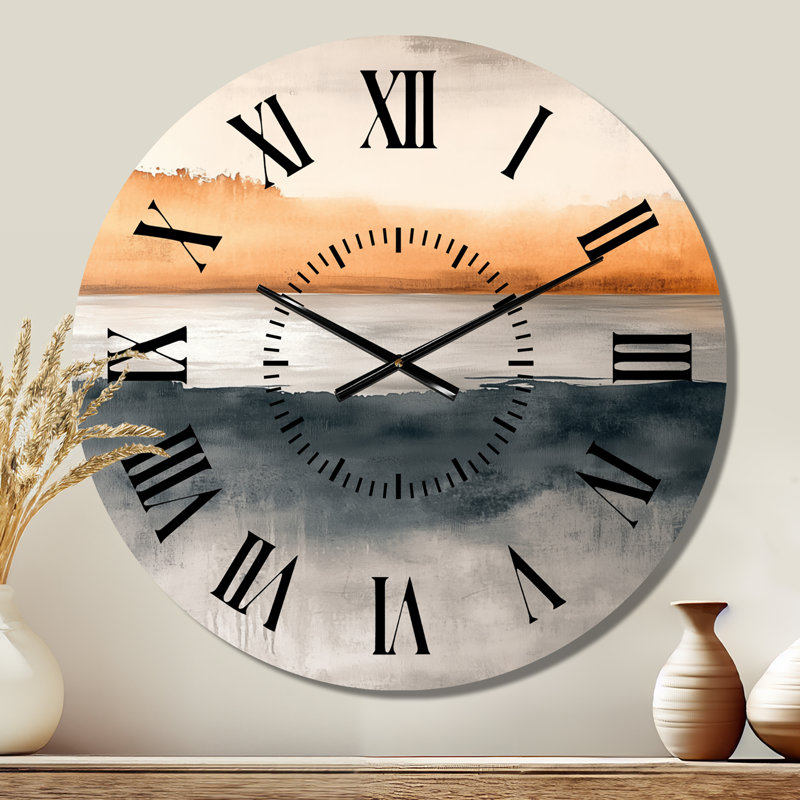 Horloge murale moderne en métal Orange et Noir, motif paysage côtier doux - Horloge murale en métal, Médium