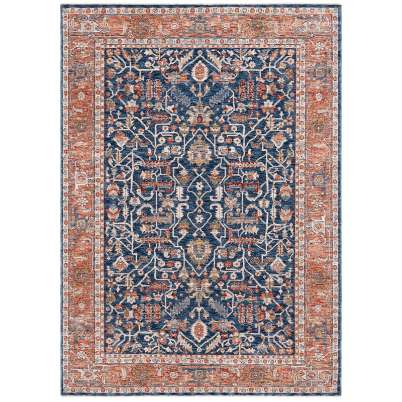 Navy and Beige Hand-knotted Synthetic Oriental Rug