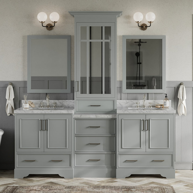 85'' Double Bathroom Vanity with Carrara Marble Top, Gray
