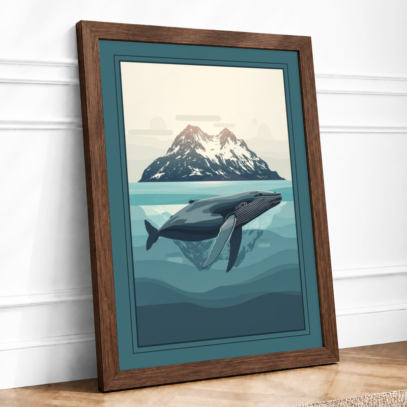 Whale and Mountain Minimalist - Framed Print, Walnut, A4 - 29.7 x 21.0 cm