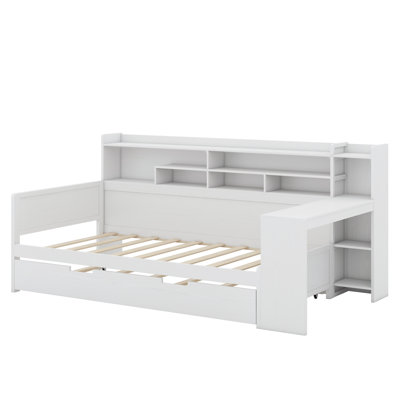 Wooden Daybed With Storage Shelves,Multi-Functional Bed With Trundle Bed And Study Desk