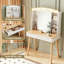 Petit bureau de meuble-lavabo avec miroir et lumières, grande capacité de rangement et miroir coulissant, ensemble de coiffeuse avec deux tiroirs cannelés, coiffeuse 3 couleurs d'éclairage