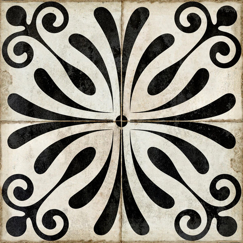 Black and Ivory Vintage Flower Design Vinyl Peel and Stick Tiles, 8x8-inch