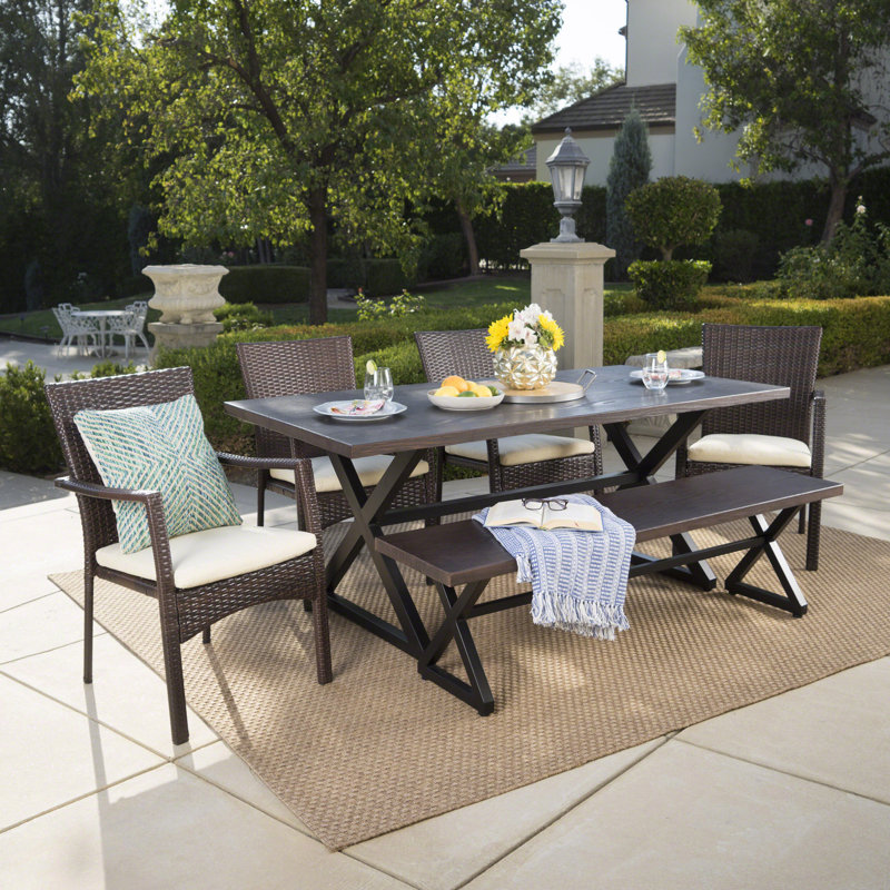 Loyd 6 - Person Wicker Patio Dining Set with Rectangular Table, Brown