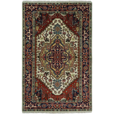 Tapis ivoire / bleu / rouge en laine noué à la main Heriz