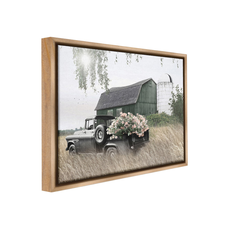 «Barn And Truck With Florals» par Lori Deiter sur toile, Cadre flottant orme Montalcino, H 17 po x l 21 po