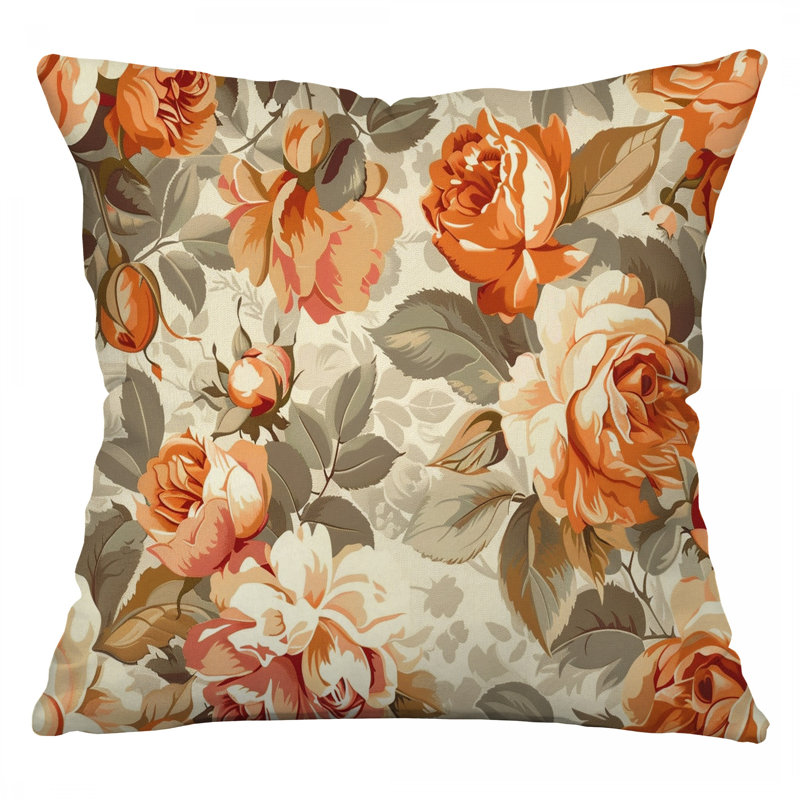 Coussin Orange Roses, coussins en coton botanique, H 26 po x l 26 po