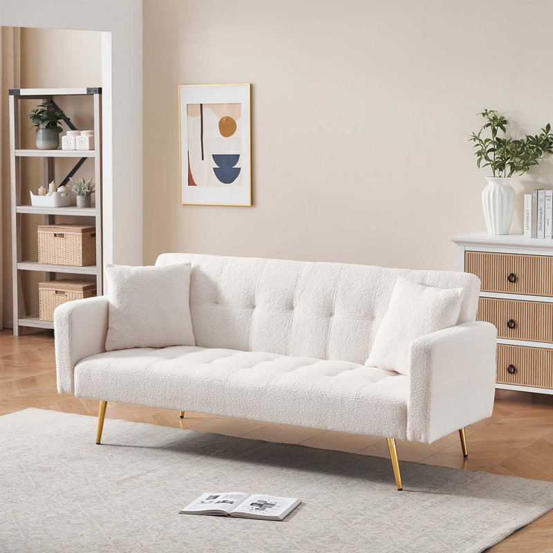 Canapé-lit en molleton beige 71,7 pouces, accompagné de deux coussins décoratifs luxueux pour un confort accru
