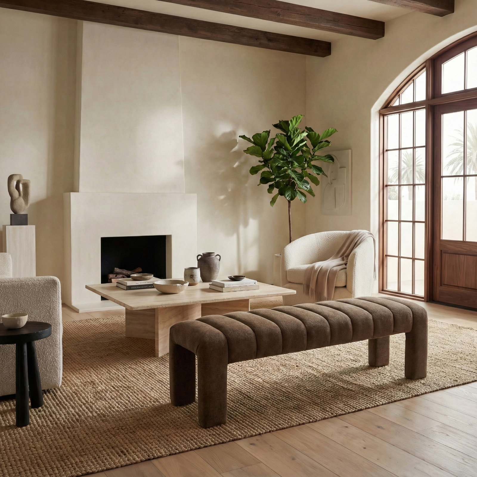 Gliese 63" Velvet Bedroom Bench, Dark Brown Boucle 