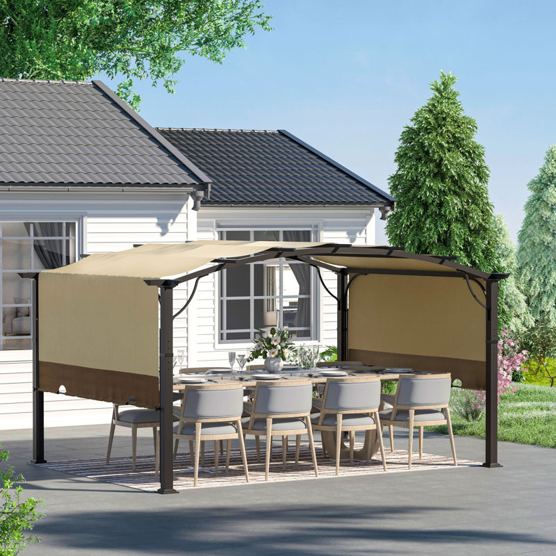 Aluminum Outdoor Pergola with Slightly Arched Canopy and Retractable Shade, Brown, 13.15 ft x 9.1 ft