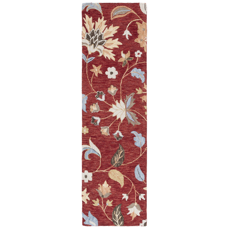 Tapis floral en coton touffeté à la main Jardin en rouge / orange, Tapis de couloir 2 pi 3 po x 8 pi