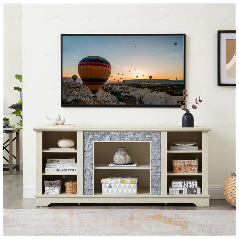 Meuble télé Mantel avec meuble télé en pierre artificielle et console de divertissement moderne avec espace de rangement ouvert