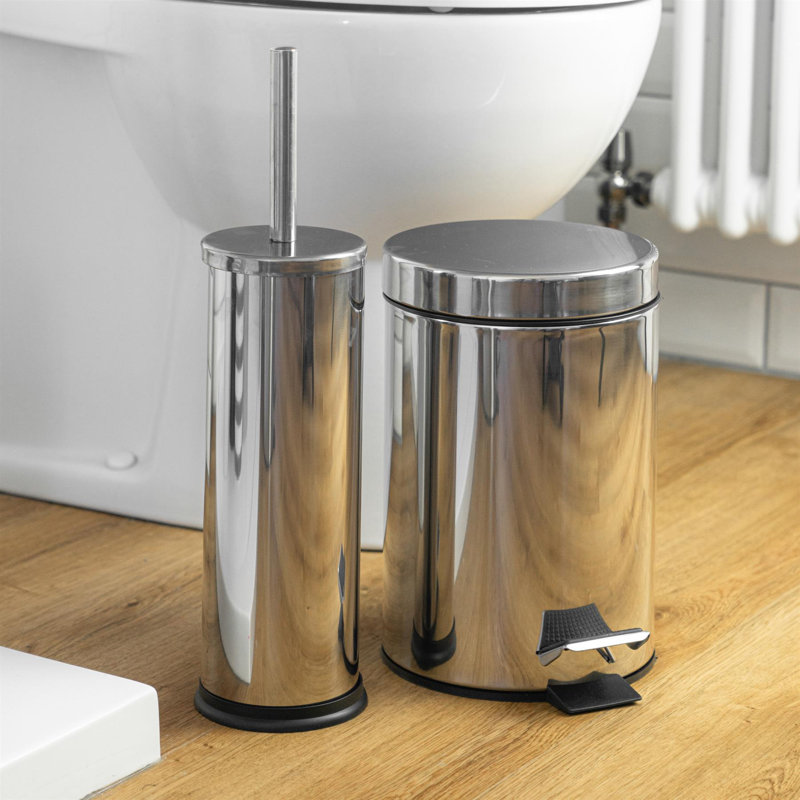 Harbour Housewares 3L Round Bathroom Bin & Toilet Brush Set, Chrome