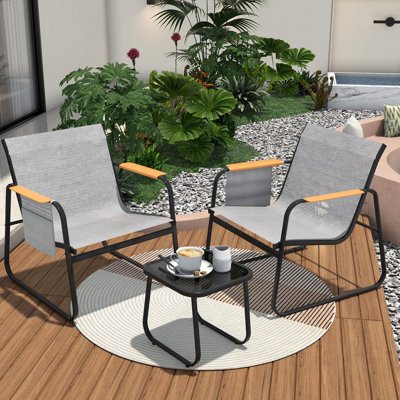 3 Pieces Patio Furniture Set, Outdoor Conversation Chairs with Wide Armrests & Side Storage Pockets and Tempered Glass Coffee Table, All Weather Rustproof Metal Frame for Bistro Balcony Poolside, Gray