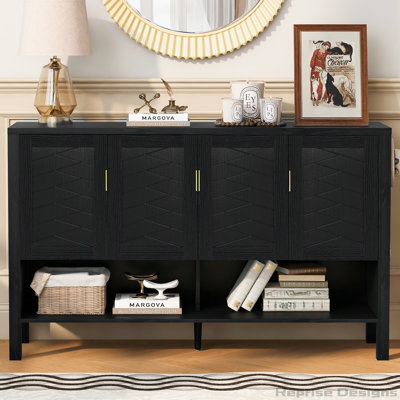 U_STYLE Buffet de rangement de 55,1 po à 4 portes, buffet multifonctionnel avec tablette ouverte et 2 tablettes réglables à 2 niveaux, armoire moderne avec crochets doubles, convient au salon, au couloir, à la salle à manger et au bureau.