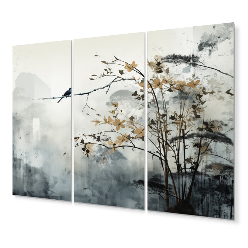 «Asian Art Sumi Bird Serenity XVII» sur métal, reproduction de 3 pièces