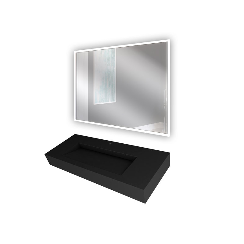 Pyramid 48" Rectangular Solid Surface Wall Mount Bathroom Sink and LED Mirror Combo, Black