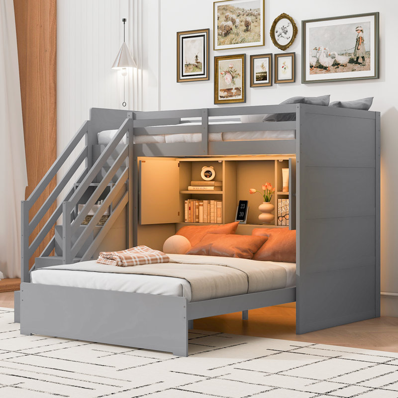 Lit simple superposé au dessus d'un lit double avec escalier de rangement, garde-robe, USB et lit léger, gris, Gris