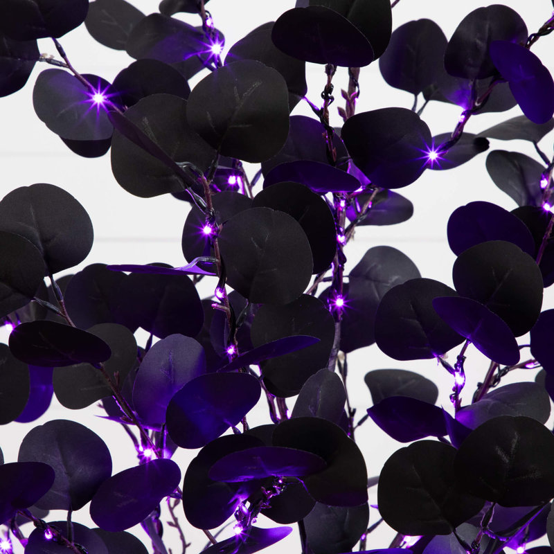 Arbre d'eucalyptus artificiel pré-éclairé noir d'Halloween avec 160 lumières DEL orange et mauves