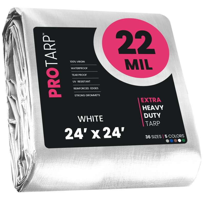Bâche en polyéthylène robuste de 22 mil, imperméable et résistante aux rayons UV, Blanc, 12 pi x 12 pi