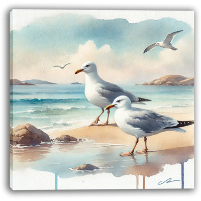 Shoreline Harmony - Seagulls by the Ocean Canvas Print Art