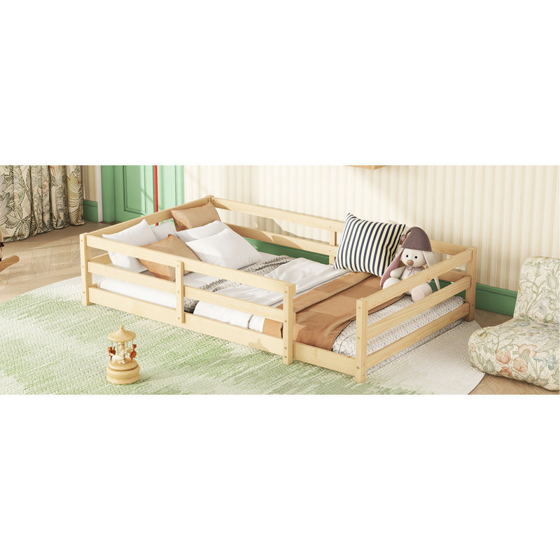 Lit simple au sol avec clôture de couleur naturelle, matériau en bois de pin, cadre, sans sommier, facile à construire, amusant
