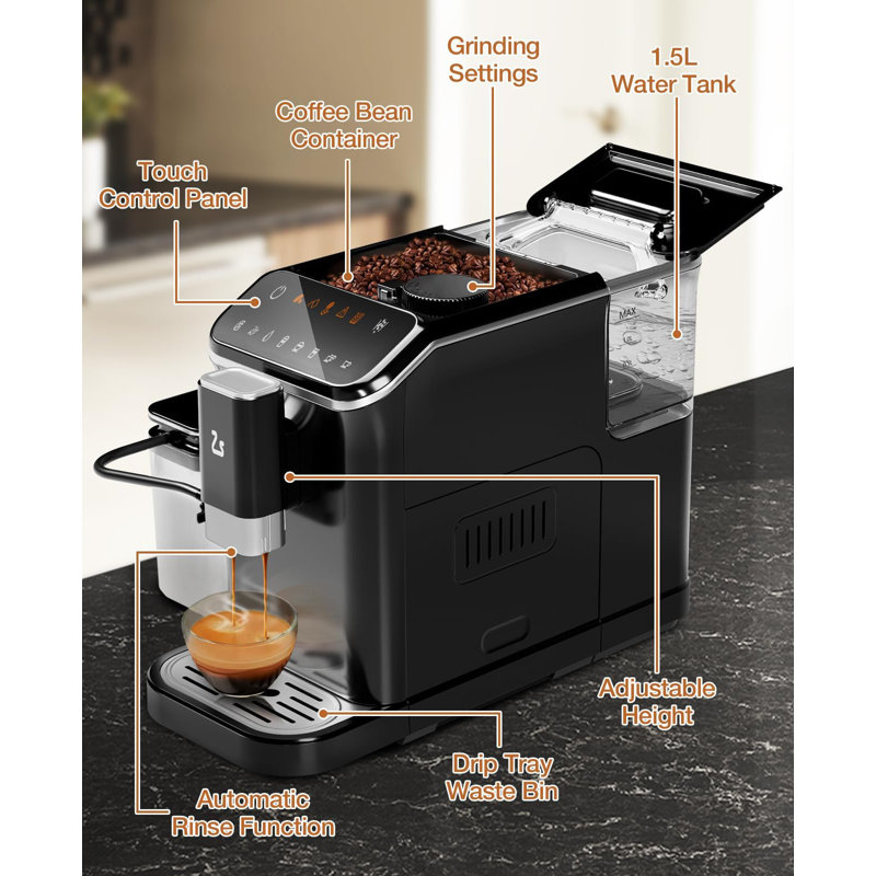 Machine à espresso entièrement automatique - Cafetière à écran tactile avec moulin intégré et mousseur à lait automatique, réservoir de 1,5 L, chauffage à deux chaudières, pour café au lait et cappuccino (noir / argent, 1350 W, 120 V)